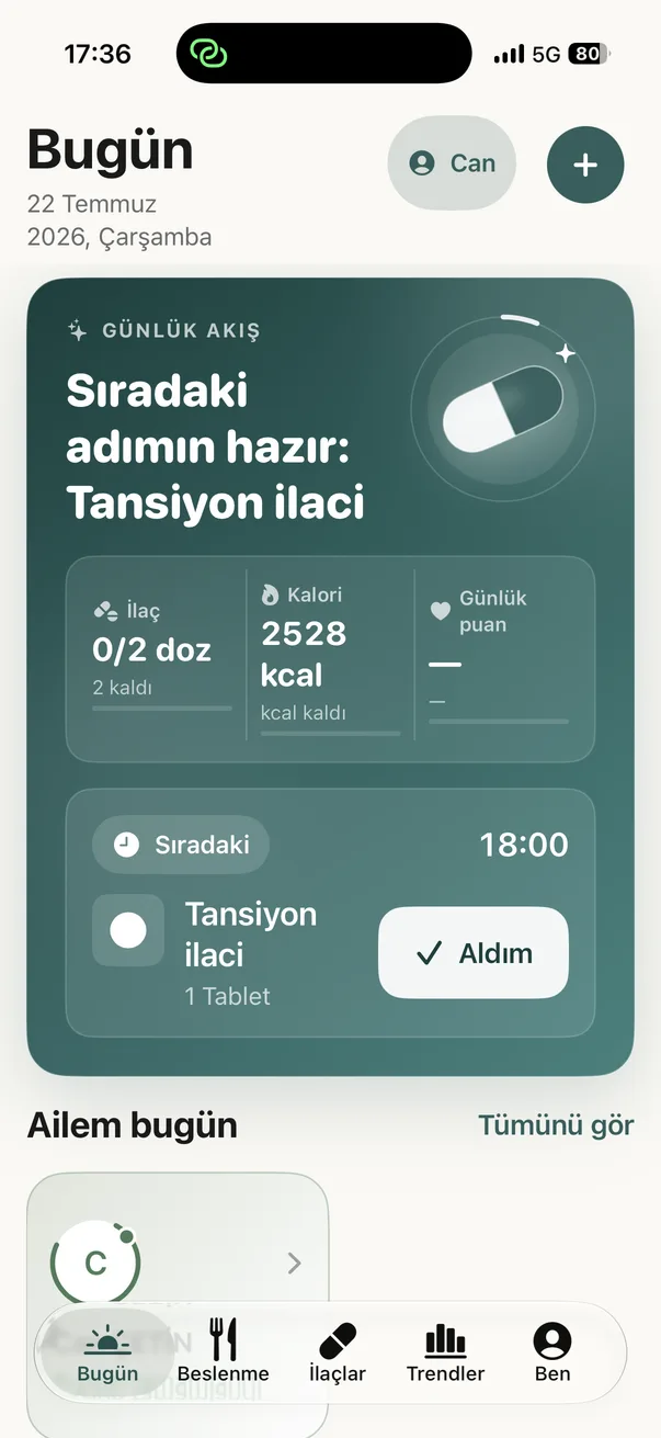Kapsül Bugün ekranı: sıradaki doz ve kalan kalori